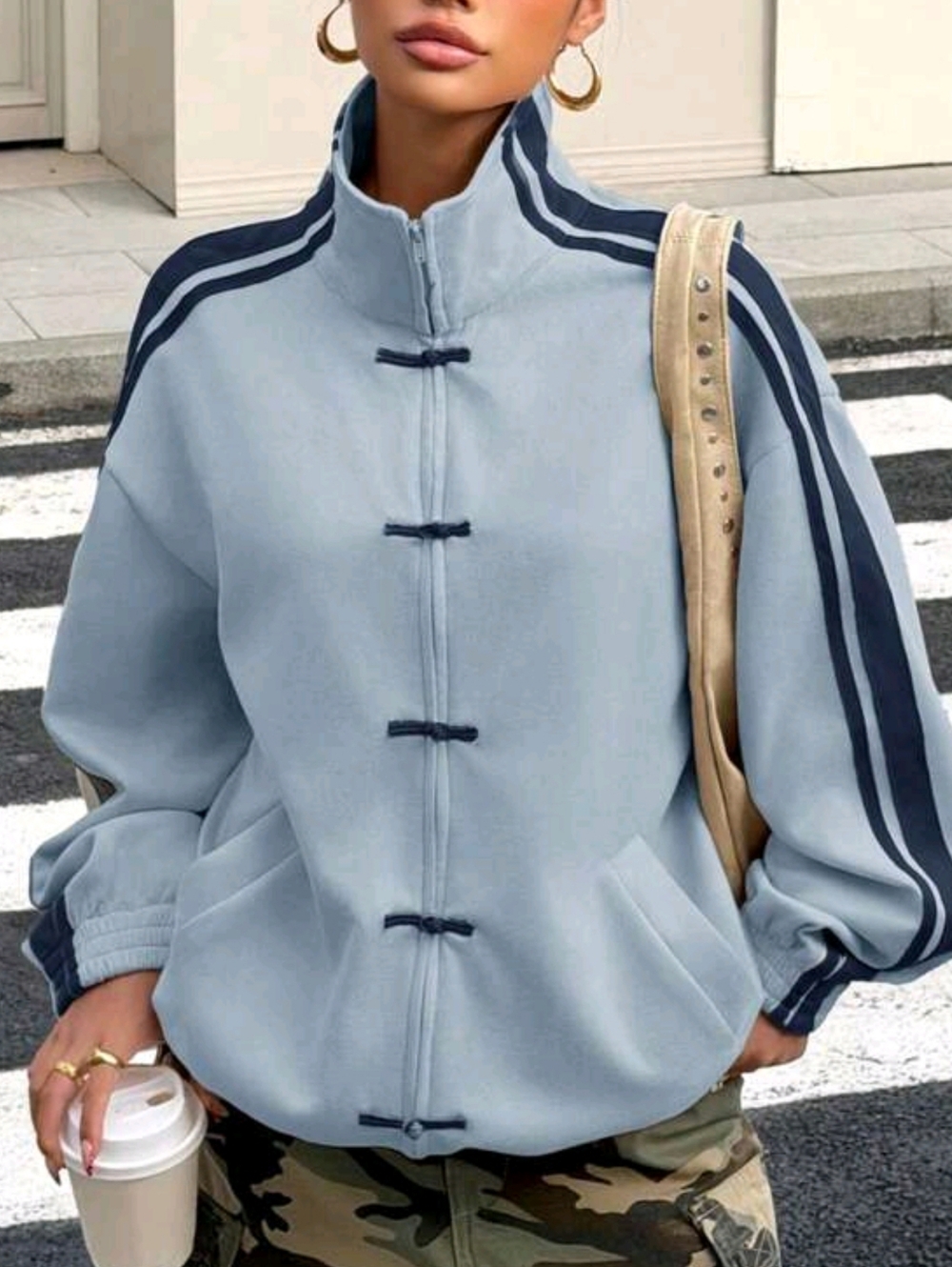 Light Blue Track-Style Zip Jacket with Navy Accents - Picture 4 of 6
